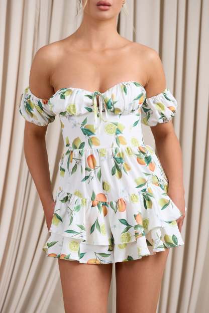 Piazza Play Lemon Print Ruffled Corset Bardot Playsuit-Fashionmomo.All Rights Reserved