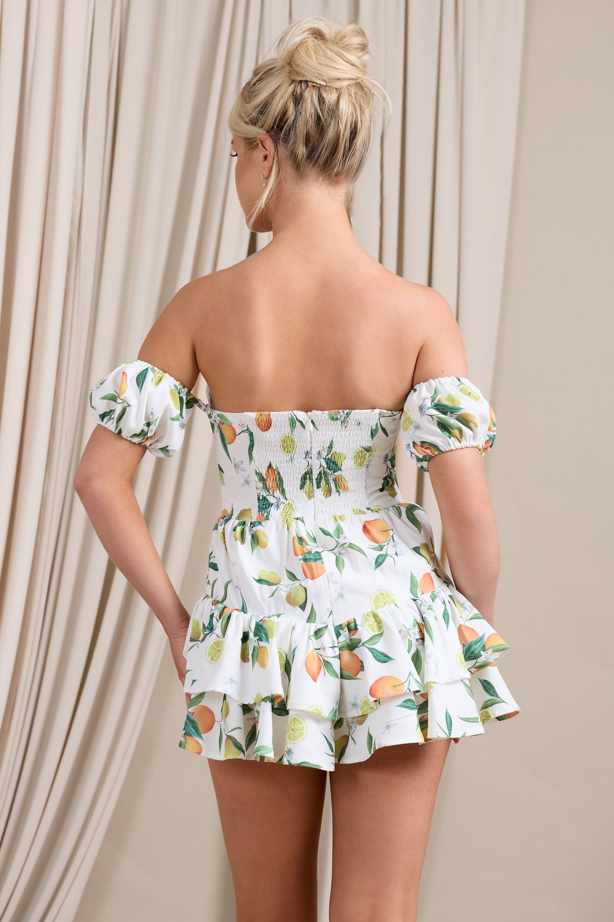 Piazza Play Lemon Print Ruffled Corset Bardot Playsuit-Fashionmomo.All Rights Reserved