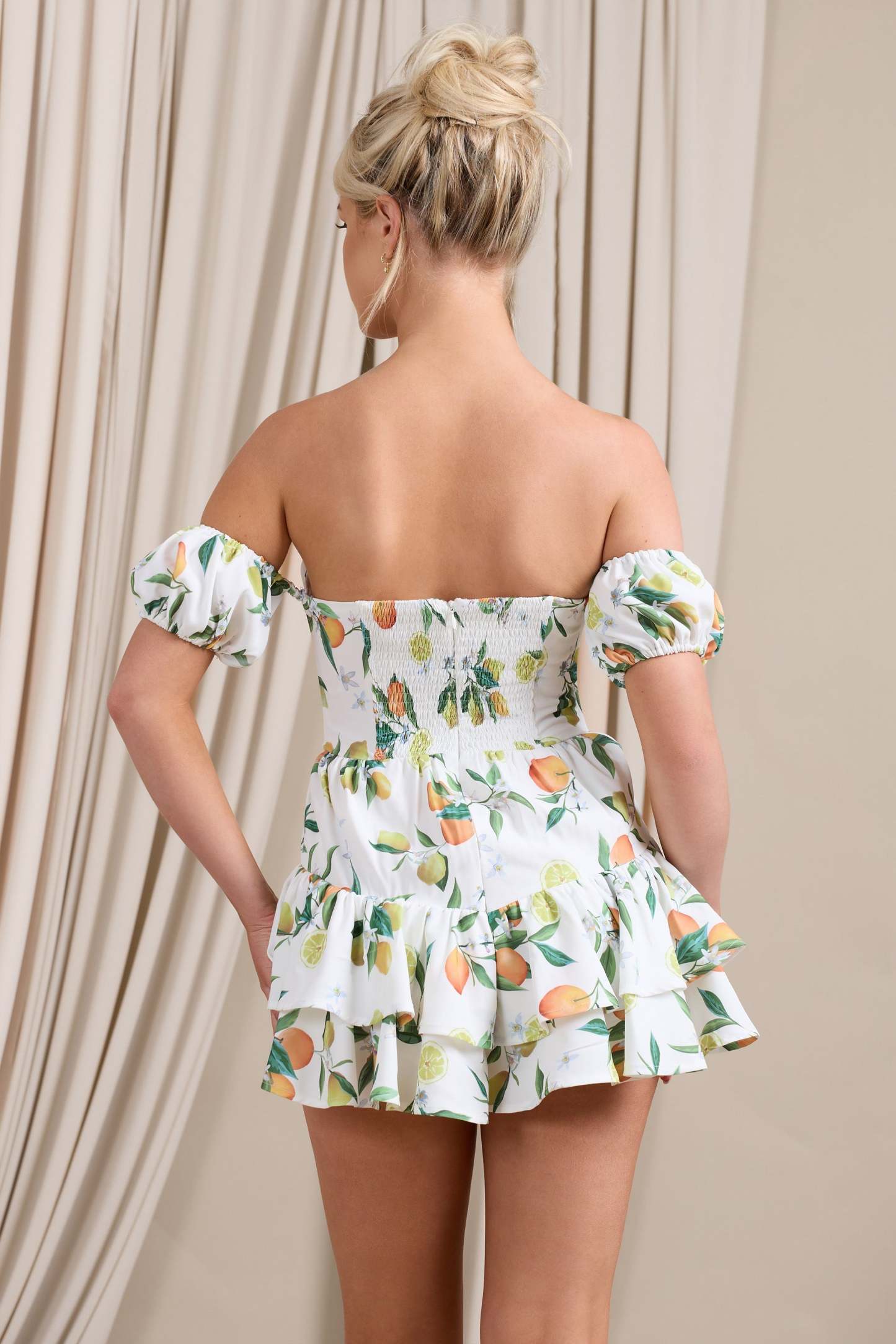 Piazza Play Lemon Print Ruffled Corset Bardot Playsuit-Fashionmomo.All Rights Reserved