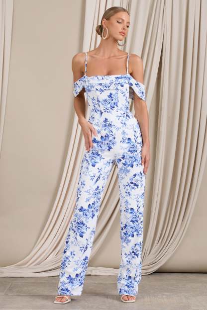 From The Vine Blue Floral Strappy Drape-Sleeved Corset Jumpsuit-Fashionmomo.All Rights Reserved