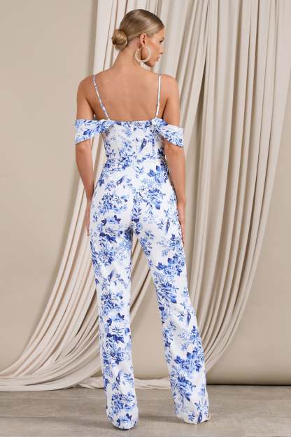 From The Vine Blue Floral Strappy Drape-Sleeved Corset Jumpsuit-Fashionmomo.All Rights Reserved
