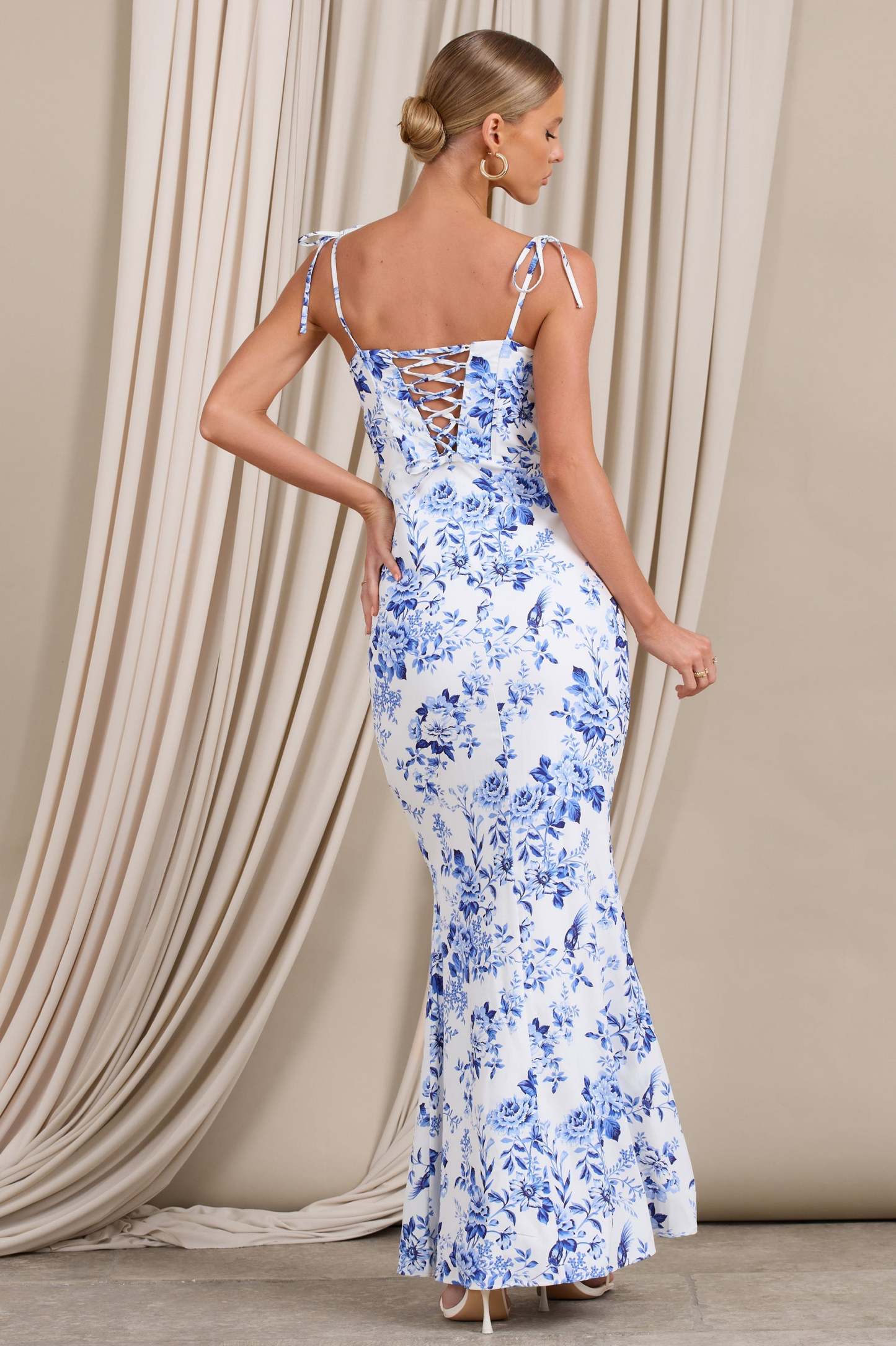 Canaiolo Blue Floral Strappy Corset Split Maxi Dress-Fashionmomo.All Rights Reserved