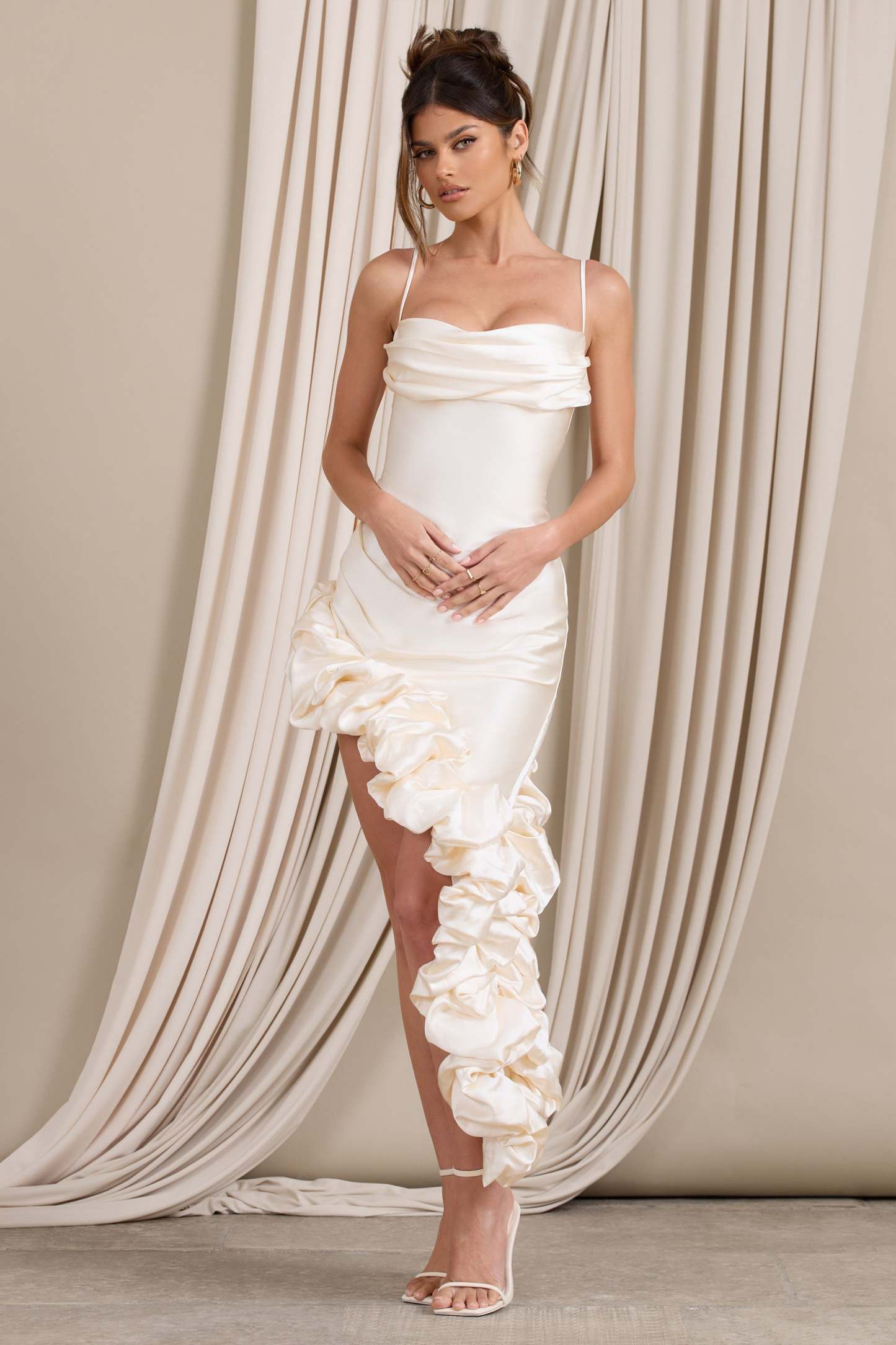 Florence Off White Satin Asymmetric Ruffle Cowl Midi Dress-Fashionmomo.All Rights Reserved