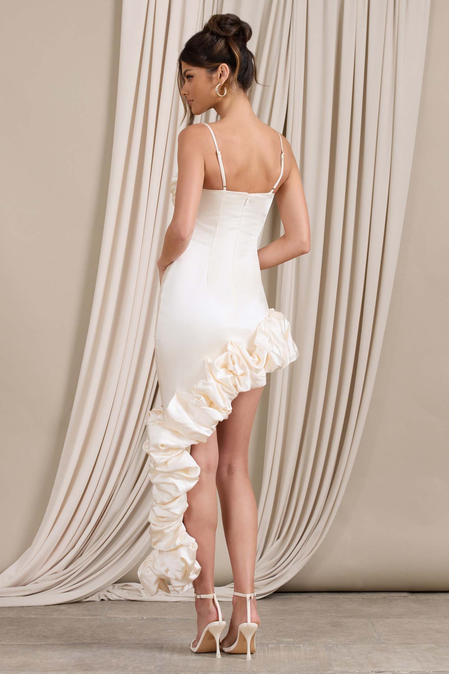 Florence Off White Satin Asymmetric Ruffle Cowl Midi Dress-Fashionmomo.All Rights Reserved