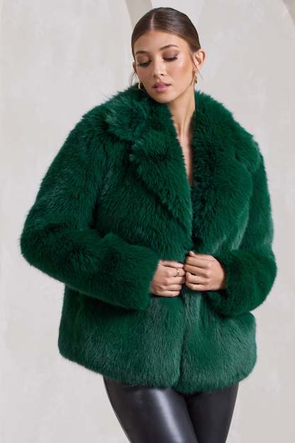 Hot Toddy Bottle Green Short Faux Fur Coat-Fashionmomo.All Rights Reserved