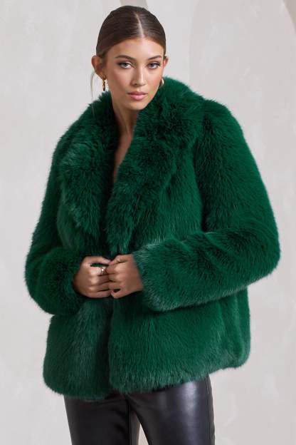 Hot Toddy Bottle Green Short Faux Fur Coat-Fashionmomo.All Rights Reserved