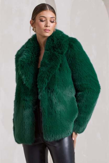 Hot Toddy Bottle Green Short Faux Fur Coat-Fashionmomo.All Rights Reserved