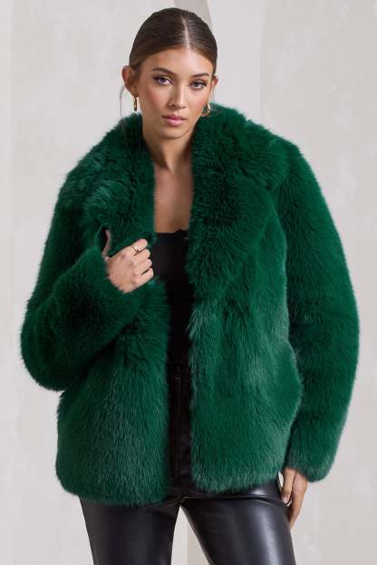 Hot Toddy Bottle Green Short Faux Fur Coat-Fashionmomo.All Rights Reserved