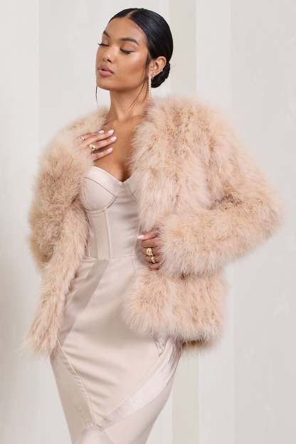 Aves Champagne Short Fluffy Feather Jacket-Fashionmomo.All Rights Reserved