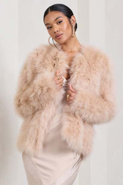 Aves Champagne Short Fluffy Feather Jacket-Fashionmomo.All Rights Reserved