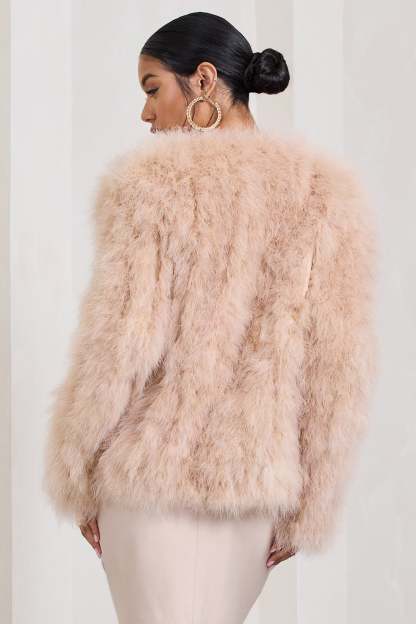 Aves Champagne Short Fluffy Feather Jacket-Fashionmomo.All Rights Reserved