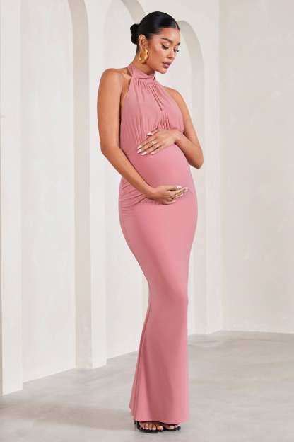 In My Heart Blush Pink Mesh Halter-Neck Sleeveless Maternity Maxi Dress-Fashionmomo.All Rights Reserved