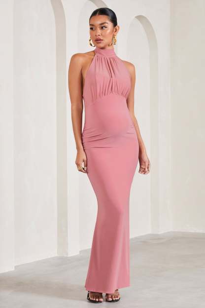 In My Heart Blush Pink Mesh Halter-Neck Sleeveless Maternity Maxi Dress-Fashionmomo.All Rights Reserved