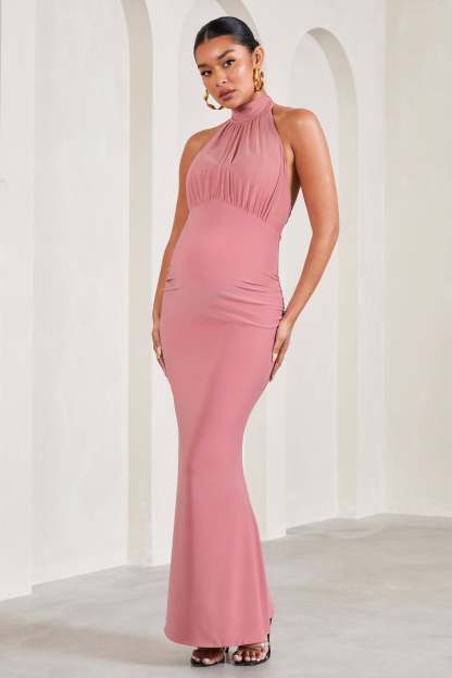In My Heart Blush Pink Mesh Halter-Neck Sleeveless Maternity Maxi Dress-Fashionmomo.All Rights Reserved