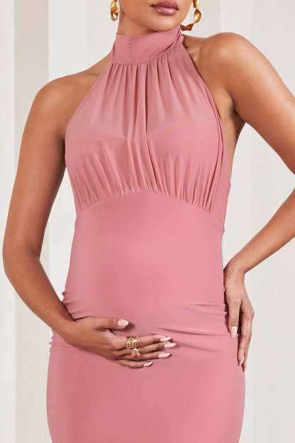 In My Heart Blush Pink Mesh Halter-Neck Sleeveless Maternity Maxi Dress-Fashionmomo.All Rights Reserved