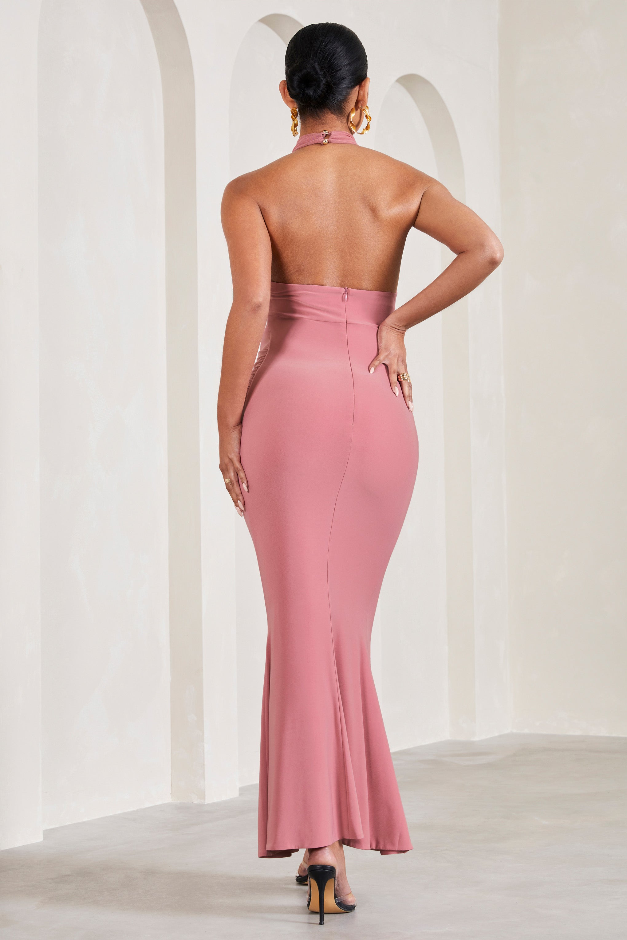 In My Heart Blush Pink Mesh Halter-Neck Sleeveless Maternity Maxi Dress-Fashionmomo.All Rights Reserved