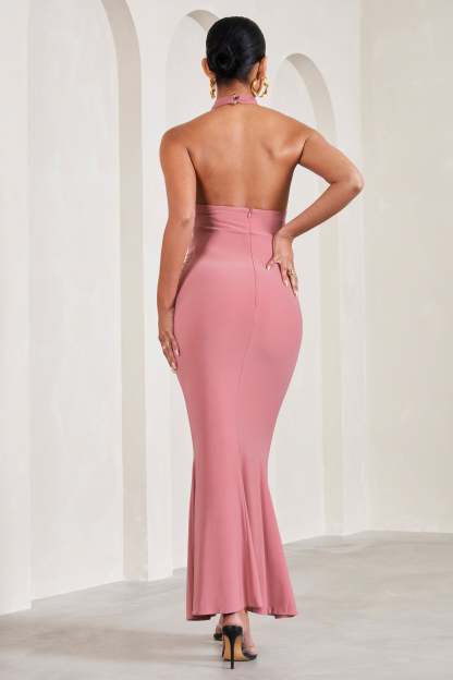 In My Heart Blush Pink Mesh Halter-Neck Sleeveless Maternity Maxi Dress-Fashionmomo.All Rights Reserved