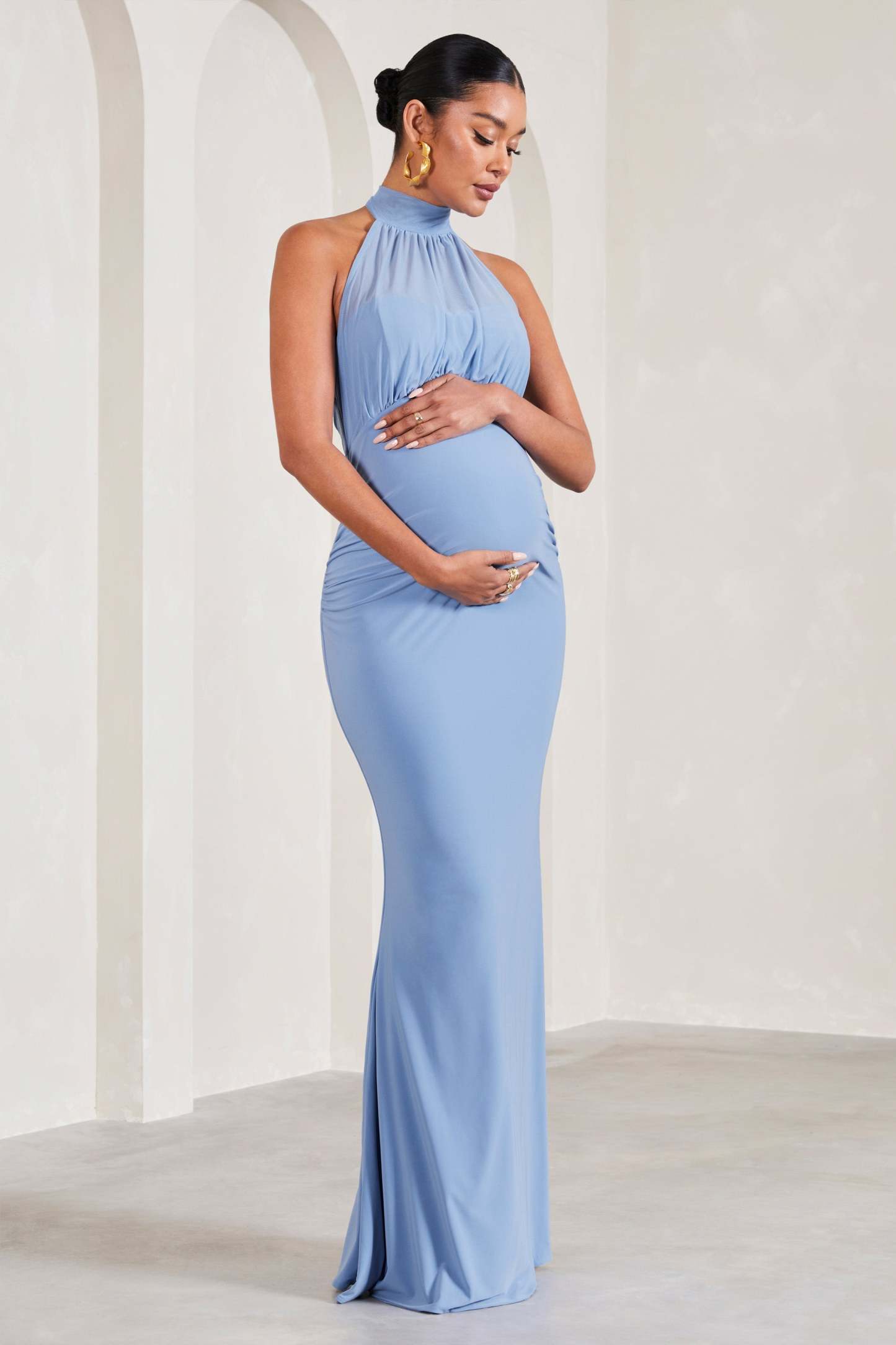 In My Heart Cornflower Blue Mesh Halter-Neck Sleeveless Maternity Maxi Dress-Fashionmomo.All Rights Reserved