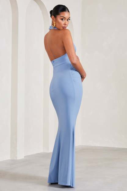 In My Heart Cornflower Blue Mesh Halter-Neck Sleeveless Maternity Maxi Dress-Fashionmomo.All Rights Reserved