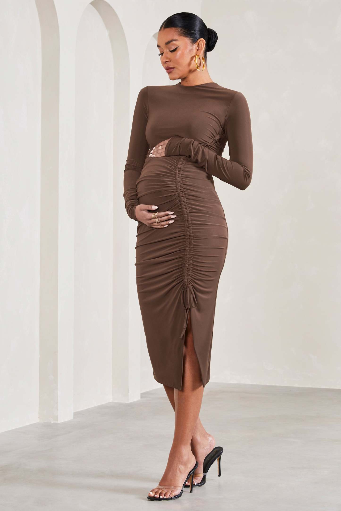 Eternal Chocolate Brown Ruched Long-Sleeved Split Maternity Midi Dress-Fashionmomo.All Rights Reserved