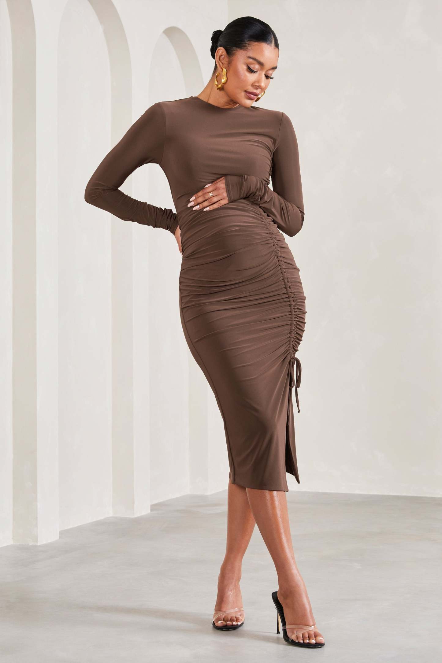 Eternal Chocolate Brown Ruched Long-Sleeved Split Maternity Midi Dress-Fashionmomo.All Rights Reserved
