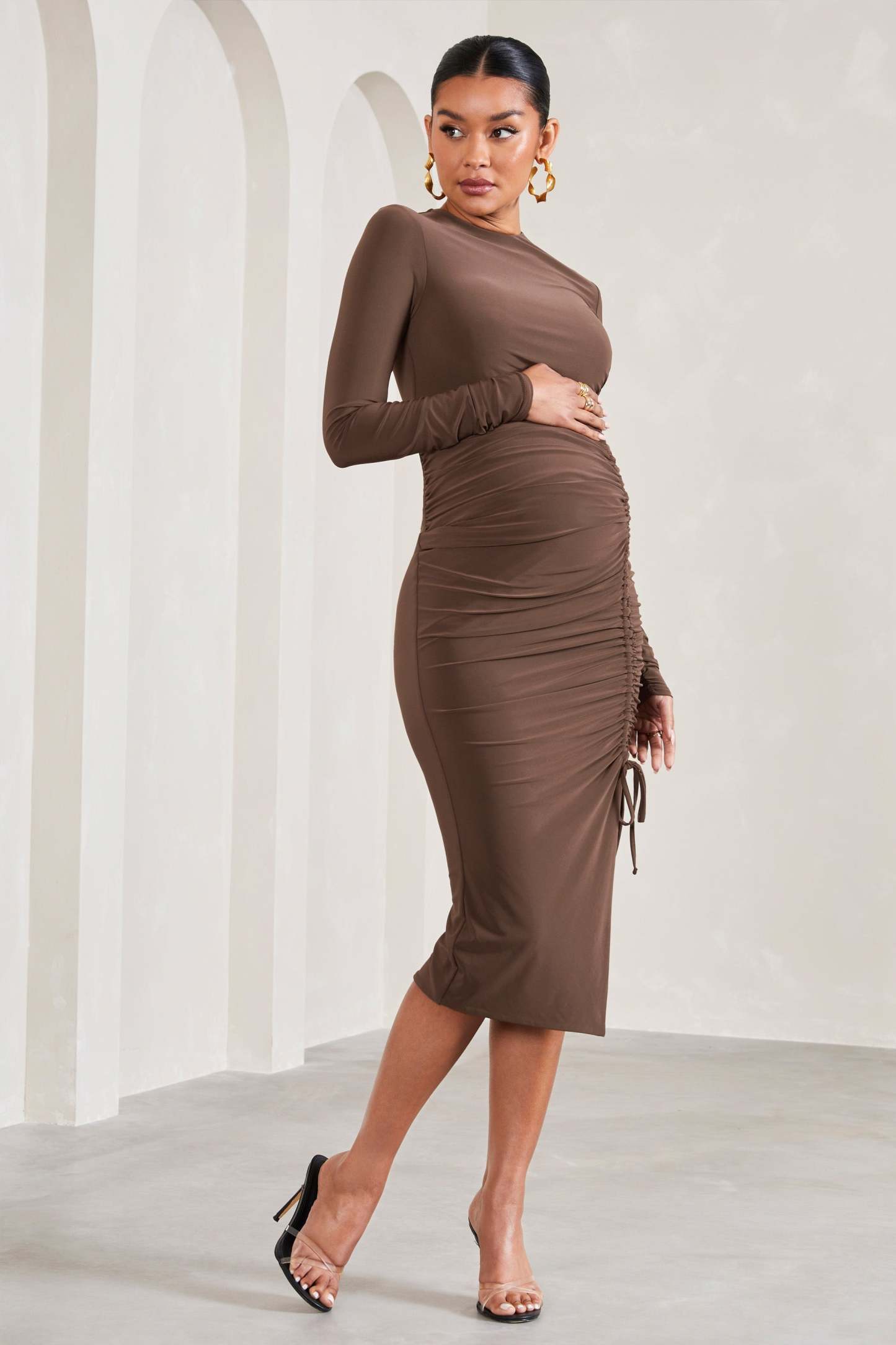 Eternal Chocolate Brown Ruched Long-Sleeved Split Maternity Midi Dress-Fashionmomo.All Rights Reserved