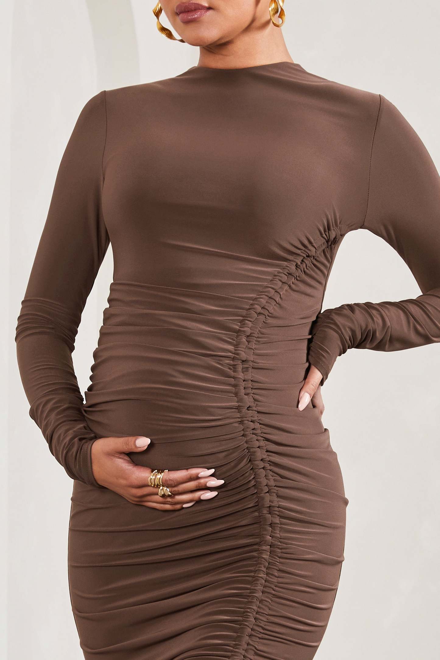 Eternal Chocolate Brown Ruched Long-Sleeved Split Maternity Midi Dress-Fashionmomo.All Rights Reserved