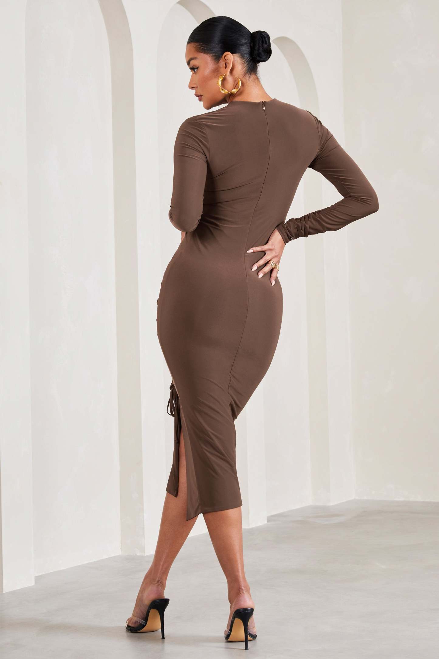 Eternal Chocolate Brown Ruched Long-Sleeved Split Maternity Midi Dress-Fashionmomo.All Rights Reserved