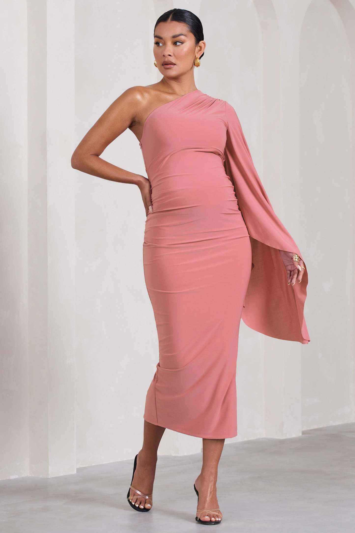 Adeline Blush Pink Ruched Asymmetric Split Maternity Midi Dress With Cape Sleeve-Fashionmomo.All Rights Reserved