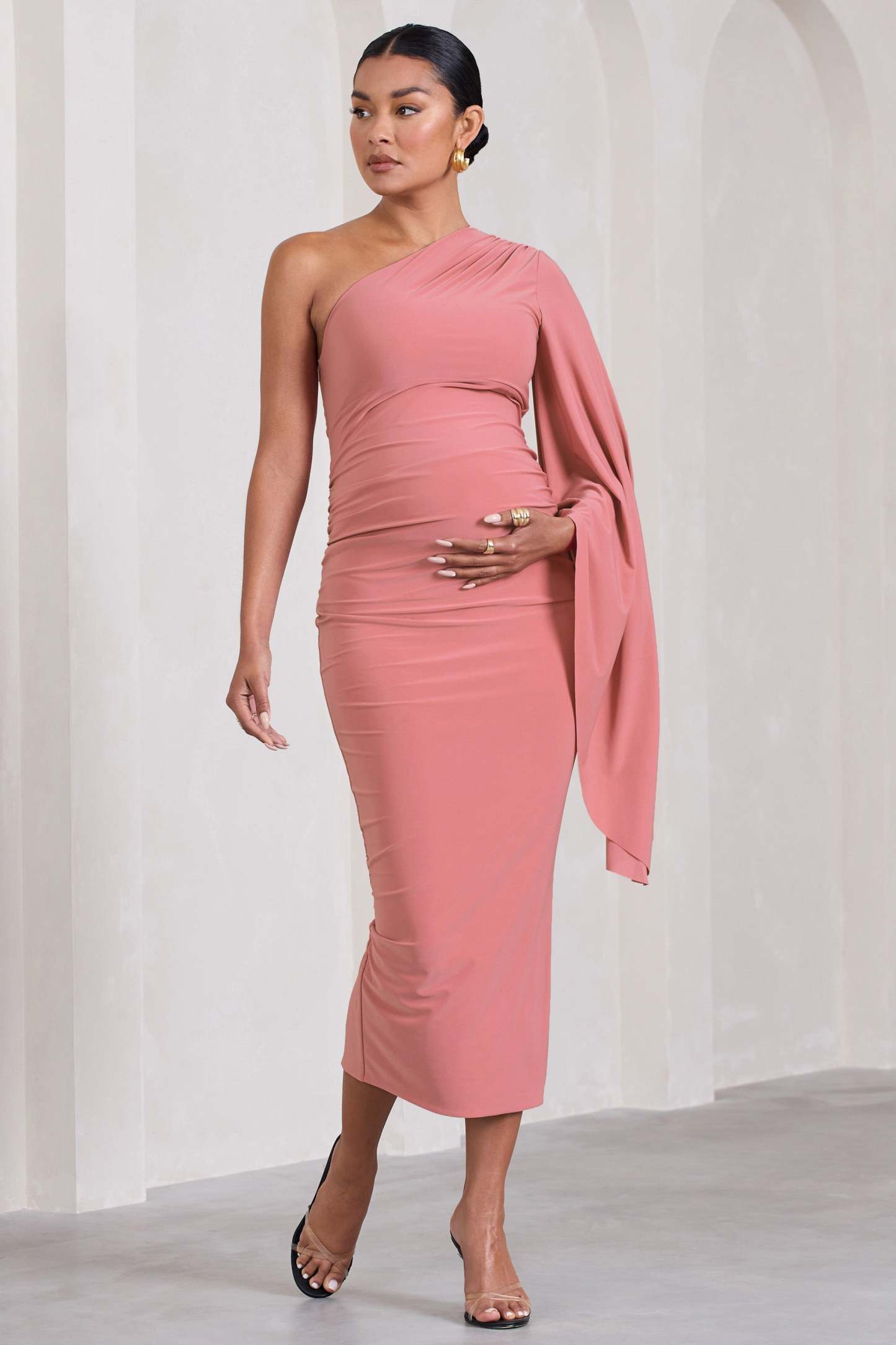 Adeline Blush Pink Ruched Asymmetric Split Maternity Midi Dress With Cape Sleeve-Fashionmomo.All Rights Reserved