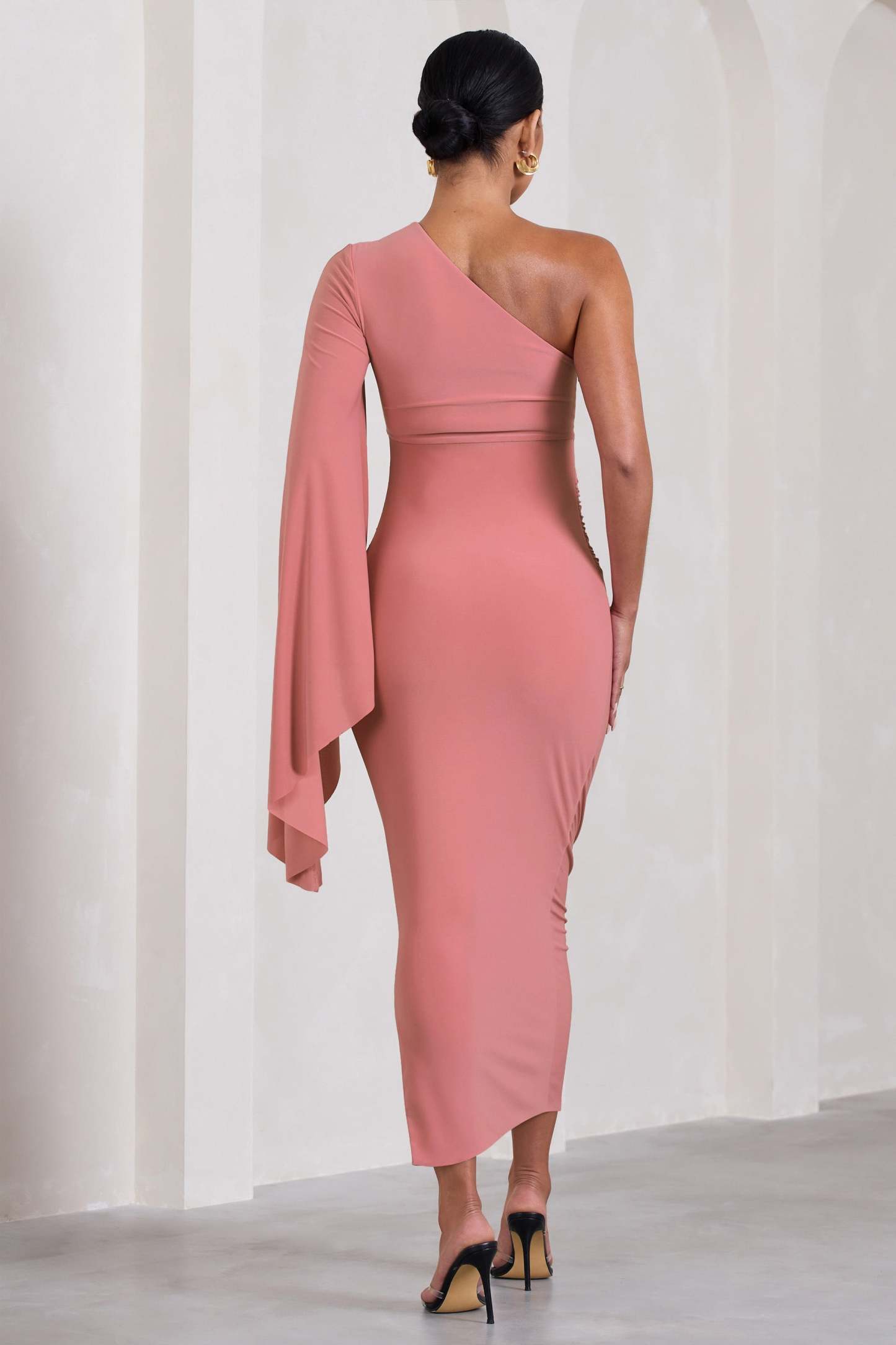Adeline Blush Pink Ruched Asymmetric Split Maternity Midi Dress With Cape Sleeve-Fashionmomo.All Rights Reserved