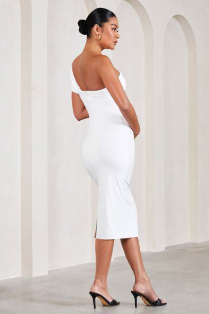 Admired White Ruched One-Shoulder Maternity Midi Dress-Fashionmomo.All Rights Reserved