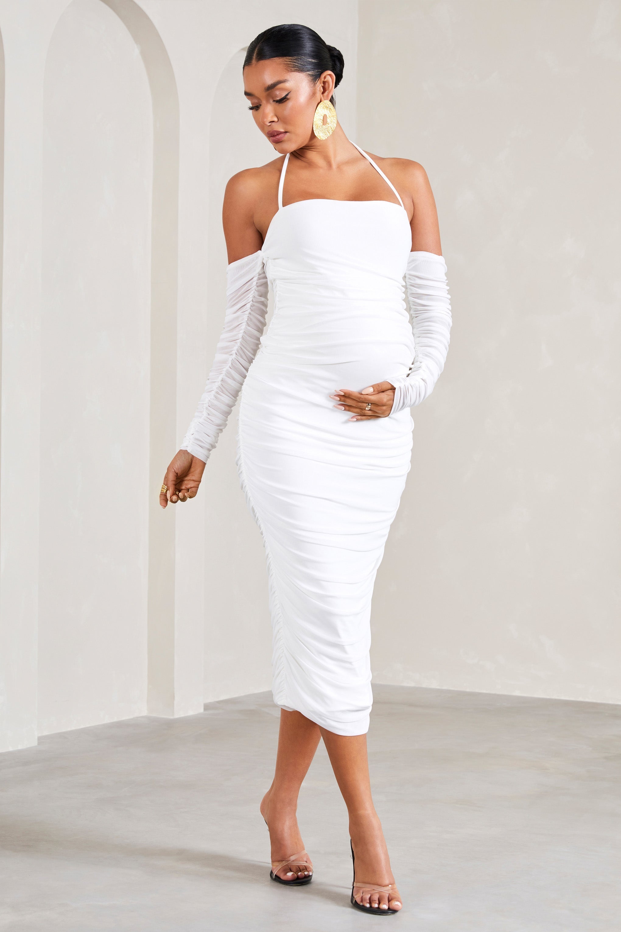 Pixie White Ruched Long-Sleeved Halter-Neck Maternity Midi Dress-Fashionmomo.All Rights Reserved