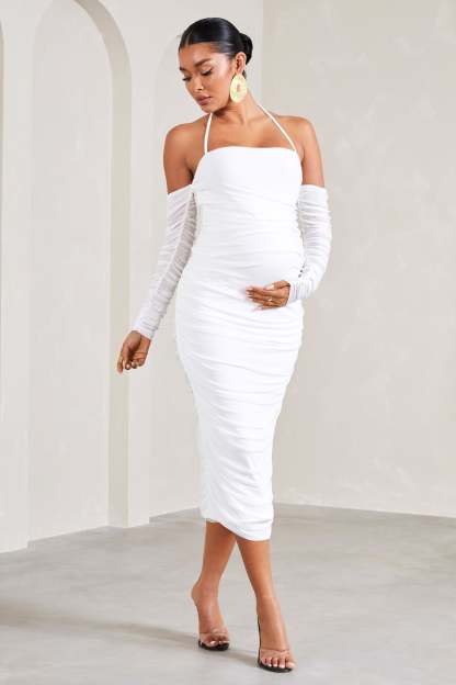 Pixie White Ruched Long-Sleeved Halter-Neck Maternity Midi Dress-Fashionmomo.All Rights Reserved