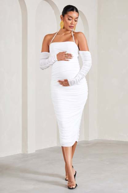 Pixie White Ruched Long-Sleeved Halter-Neck Maternity Midi Dress-Fashionmomo.All Rights Reserved