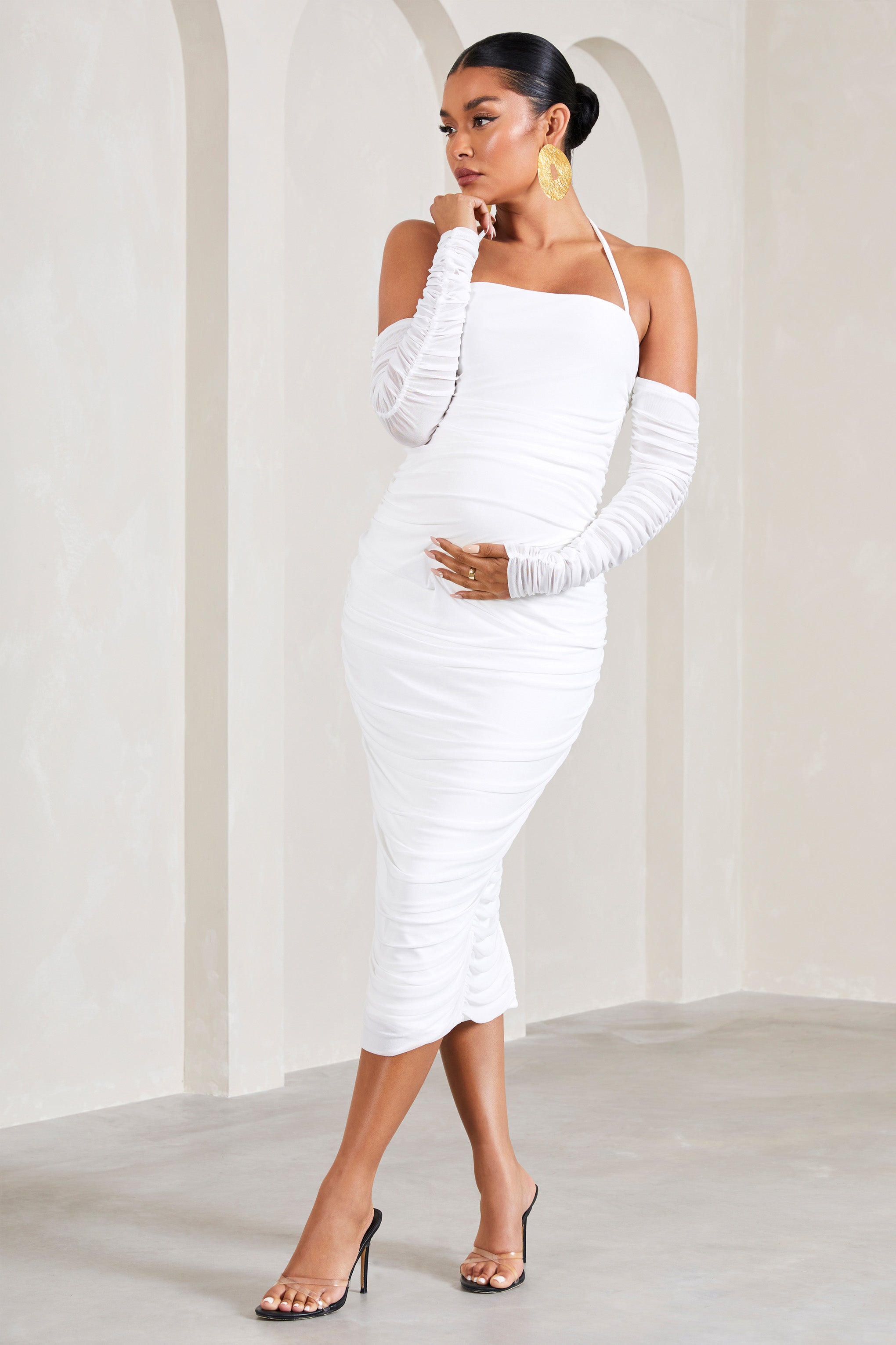 Pixie White Ruched Long-Sleeved Halter-Neck Maternity Midi Dress-Fashionmomo.All Rights Reserved