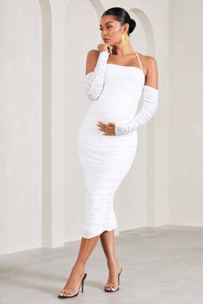 Pixie White Ruched Long-Sleeved Halter-Neck Maternity Midi Dress-Fashionmomo.All Rights Reserved
