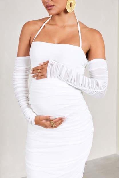 Pixie White Ruched Long-Sleeved Halter-Neck Maternity Midi Dress-Fashionmomo.All Rights Reserved