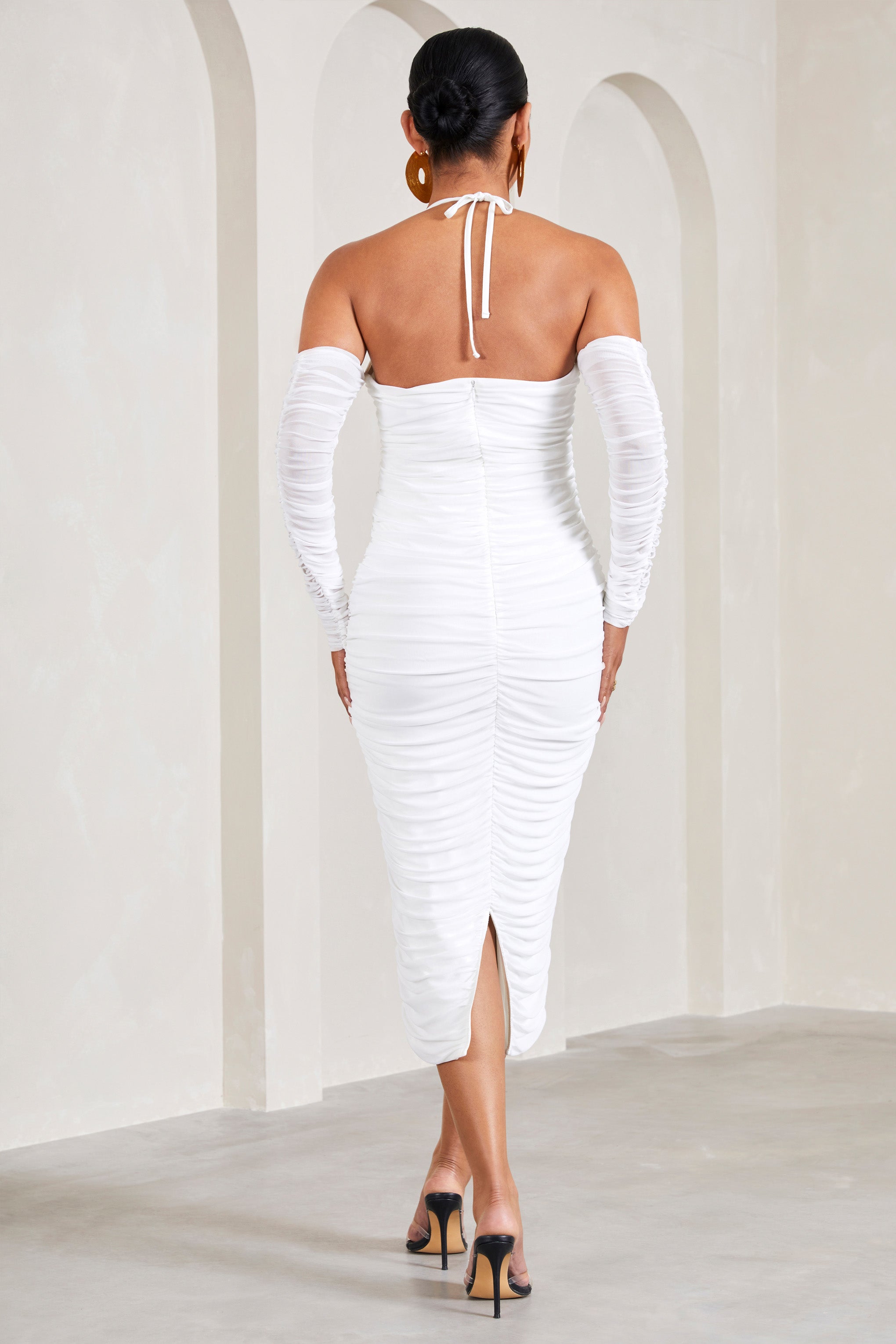 Pixie White Ruched Long-Sleeved Halter-Neck Maternity Midi Dress-Fashionmomo.All Rights Reserved
