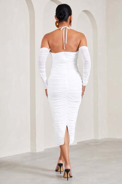 Pixie White Ruched Long-Sleeved Halter-Neck Maternity Midi Dress-Fashionmomo.All Rights Reserved