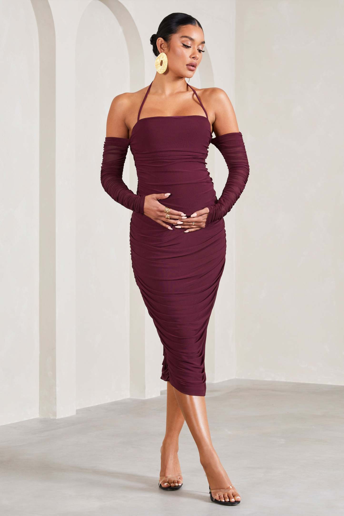 Pixie Burgundy Ruched Long-Sleeved Halter-Neck Maternity Midi Dress-Fashionmomo.All Rights Reserved