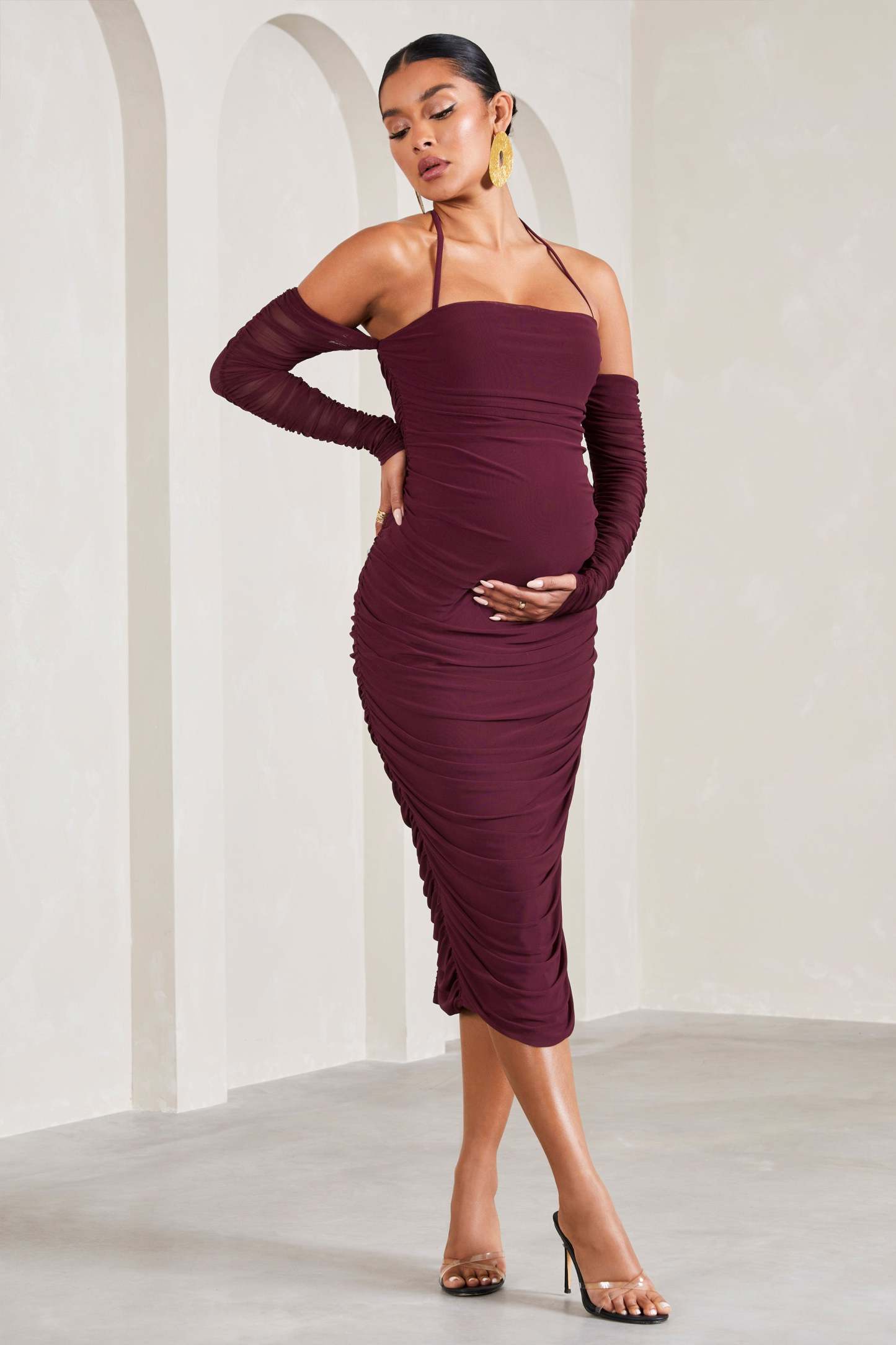 Pixie Burgundy Ruched Long-Sleeved Halter-Neck Maternity Midi Dress-Fashionmomo.All Rights Reserved