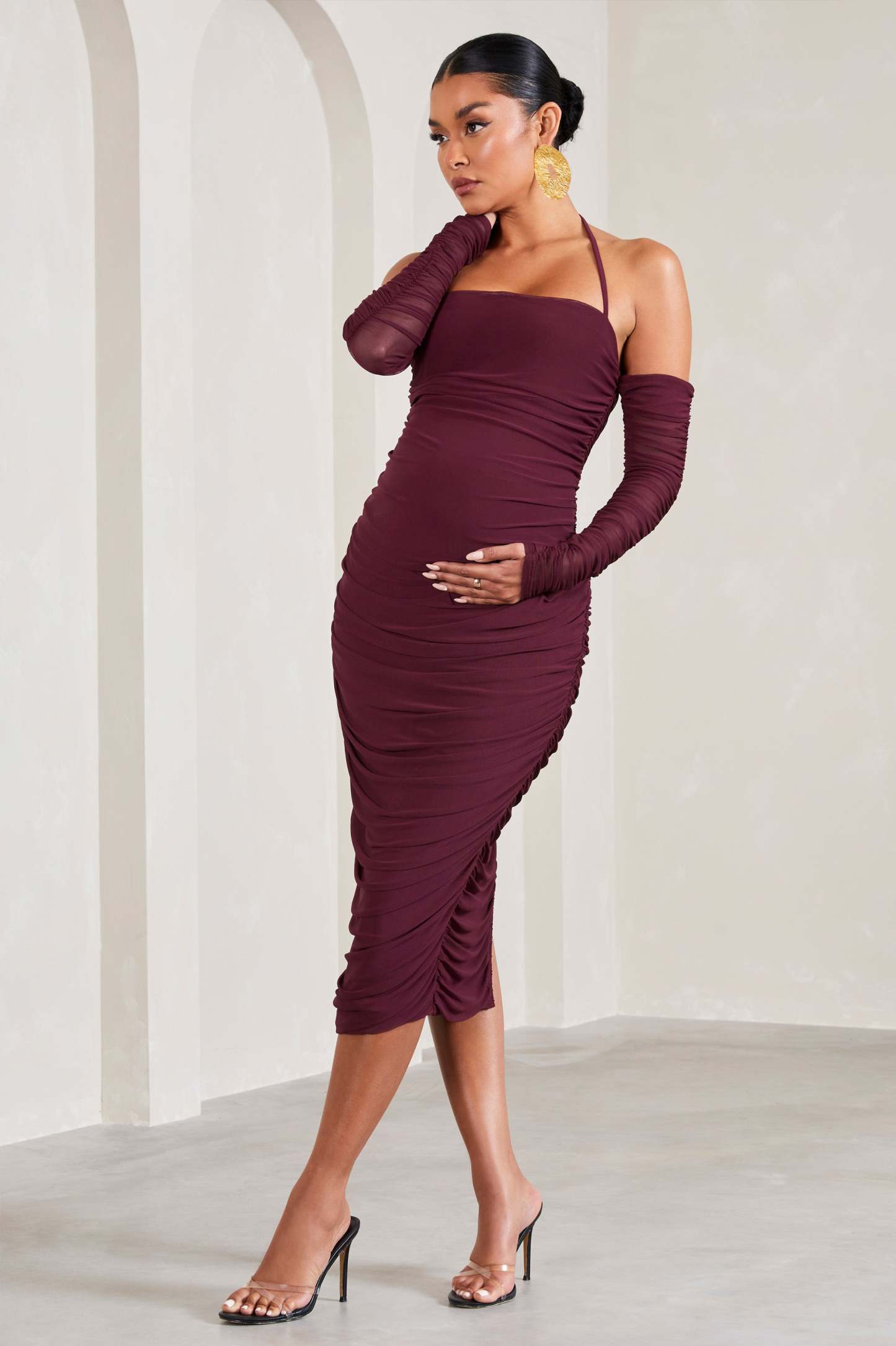 Pixie Burgundy Ruched Long-Sleeved Halter-Neck Maternity Midi Dress-Fashionmomo.All Rights Reserved