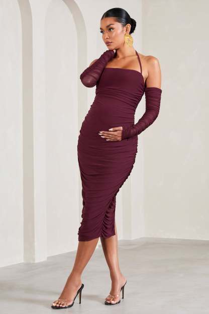 Pixie Burgundy Ruched Long-Sleeved Halter-Neck Maternity Midi Dress-Fashionmomo.All Rights Reserved