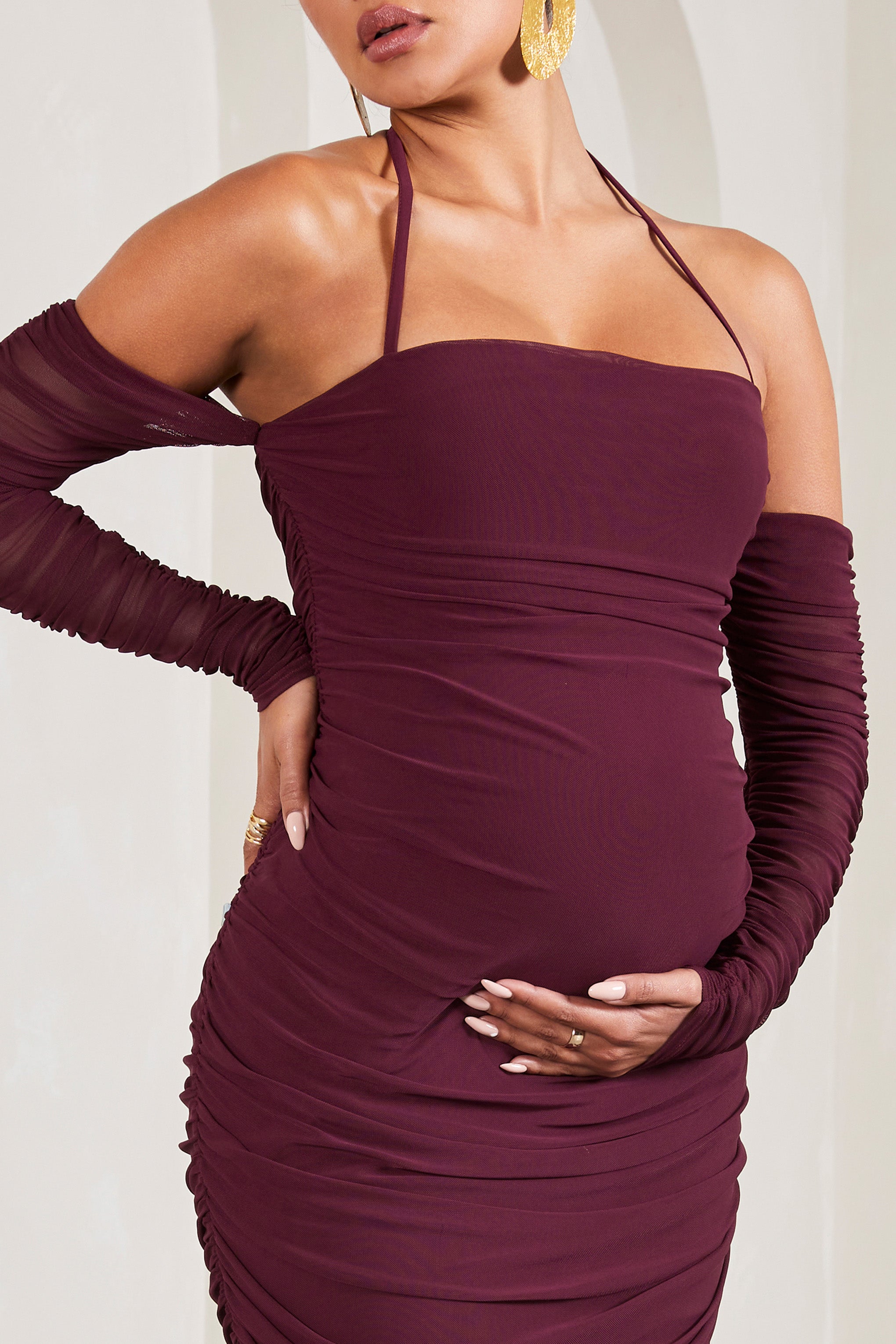 Pixie Burgundy Ruched Long-Sleeved Halter-Neck Maternity Midi Dress-Fashionmomo.All Rights Reserved