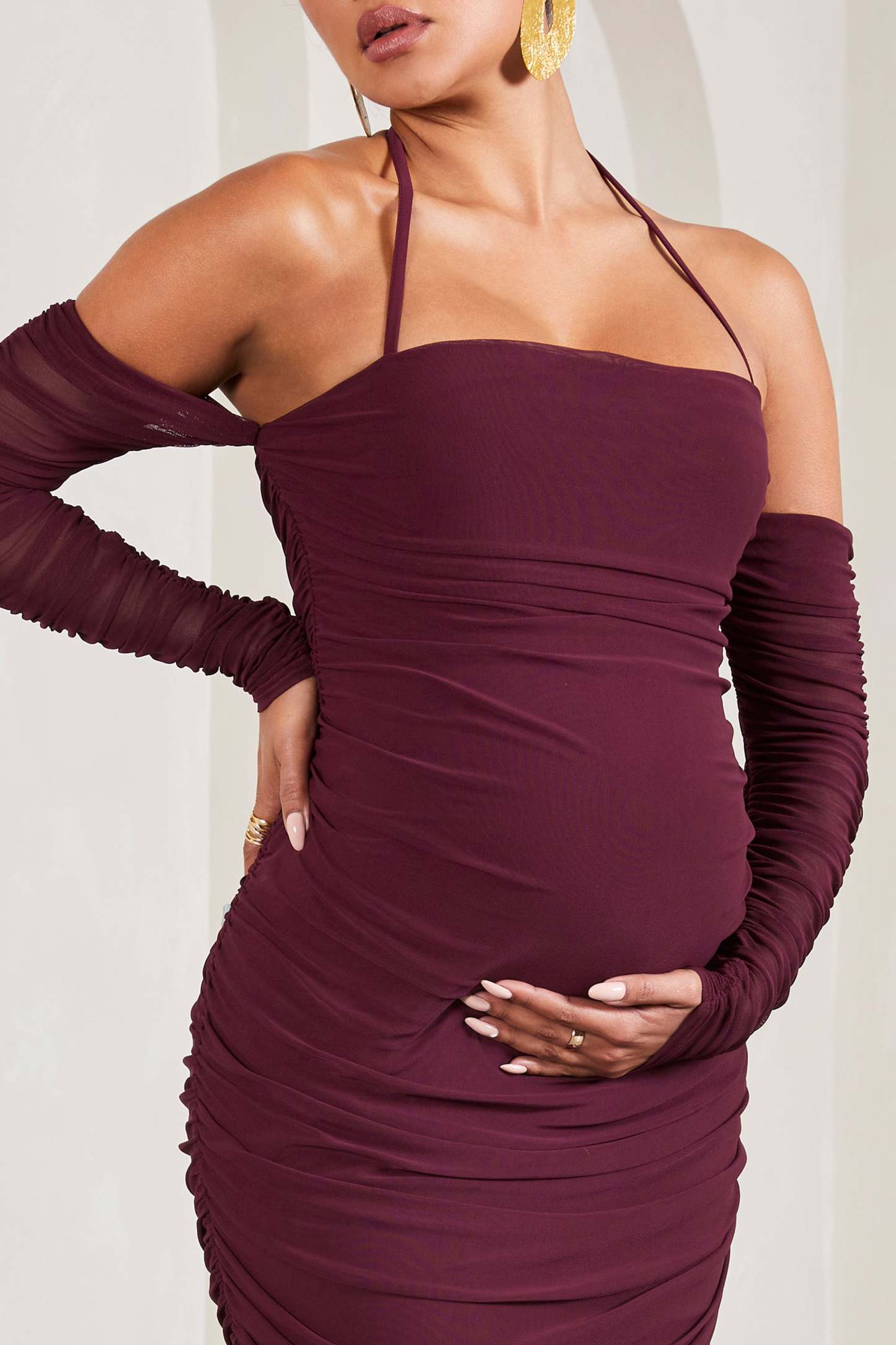 Pixie Burgundy Ruched Long-Sleeved Halter-Neck Maternity Midi Dress-Fashionmomo.All Rights Reserved