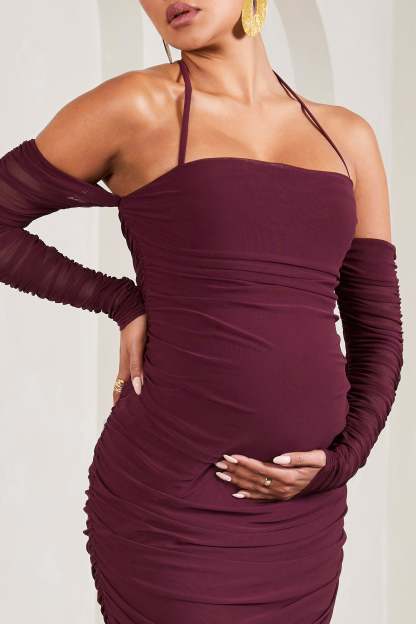 Pixie Burgundy Ruched Long-Sleeved Halter-Neck Maternity Midi Dress-Fashionmomo.All Rights Reserved