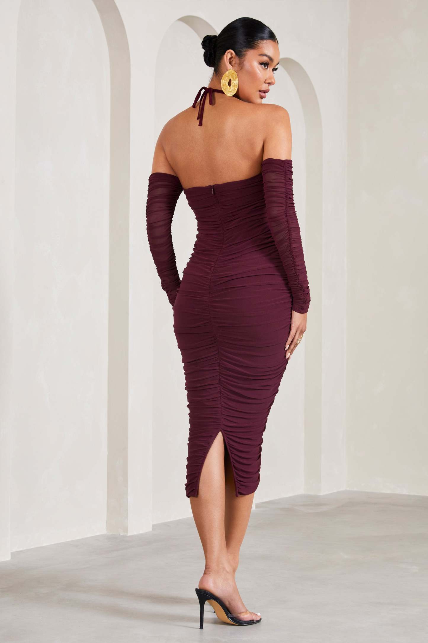 Pixie Burgundy Ruched Long-Sleeved Halter-Neck Maternity Midi Dress-Fashionmomo.All Rights Reserved