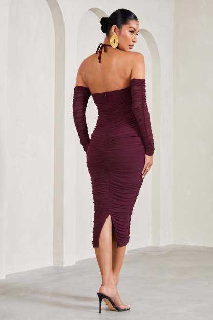 Pixie Burgundy Ruched Long-Sleeved Halter-Neck Maternity Midi Dress-Fashionmomo.All Rights Reserved
