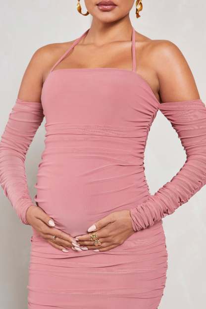 Pixie Blush Pink Ruched Long-Sleeved Halter-Neck Maternity Midi Dress-Fashionmomo.All Rights Reserved
